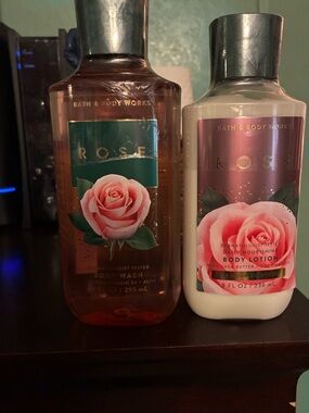 Bath & Body Works Rose Body Wash & Lotion Set - Pink and Green Labels
